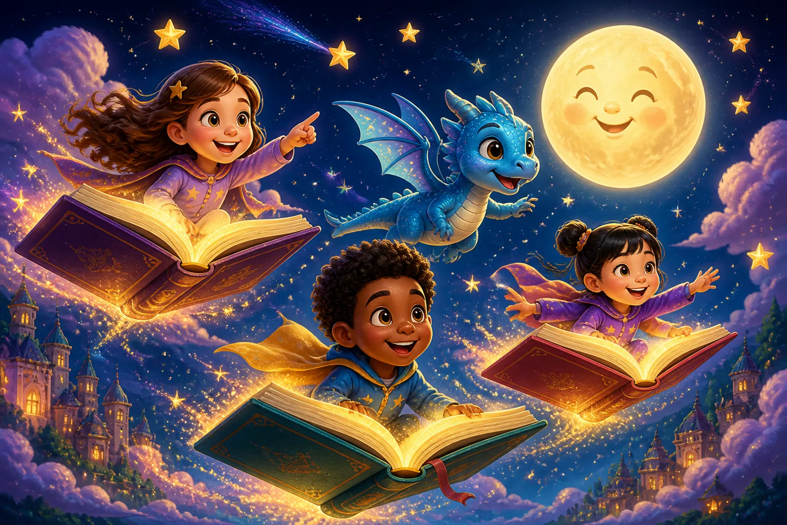 Crianças voando em livros mágicos pelo céu estrelado com um dragãozinho